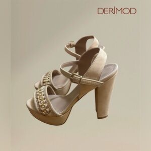 DERİMOD Beige Platform Block Heel Sandals with Ankle Straps